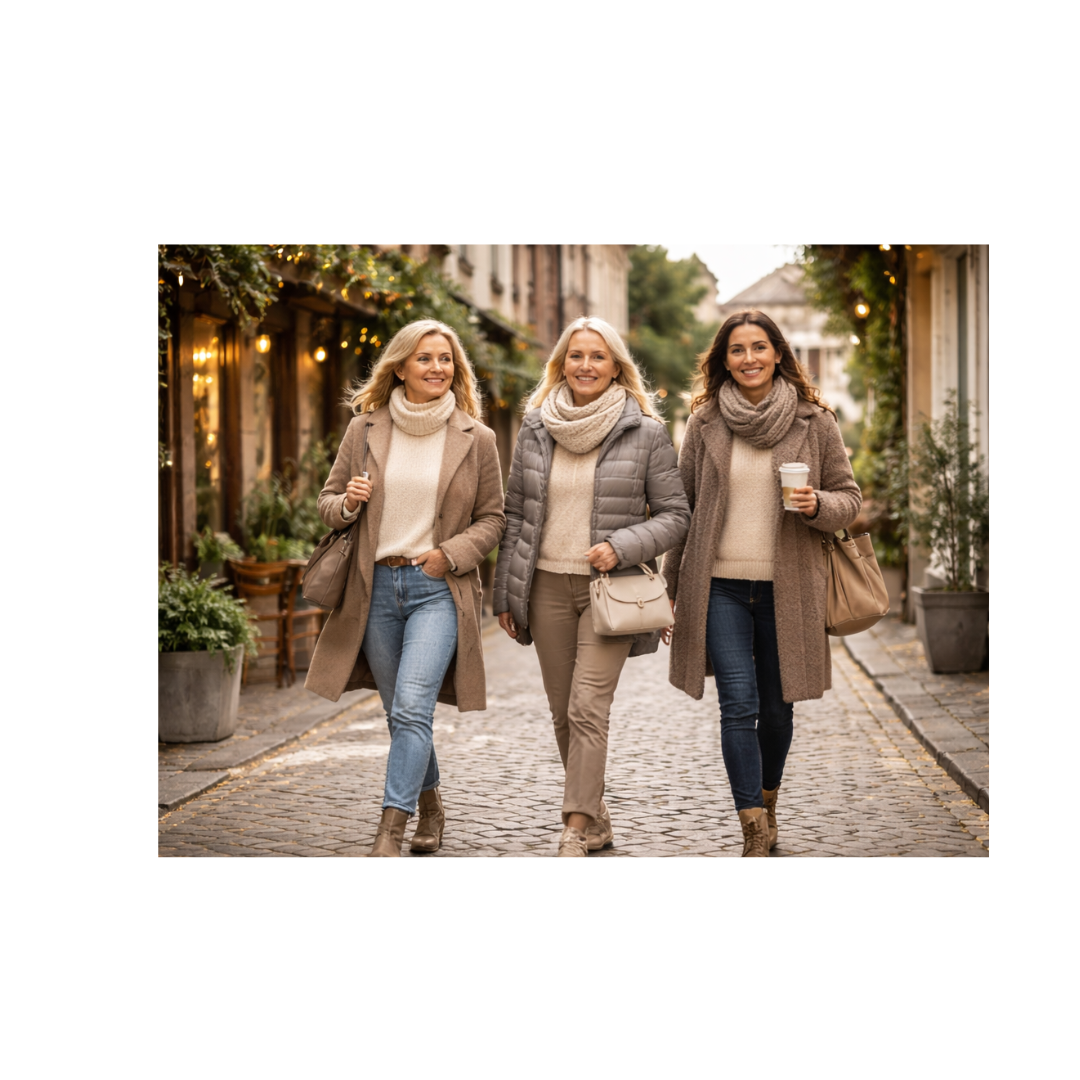 Drie vrouwen van middelbare leeftijd wandelen in winterkleding door een sfeervolle straat.