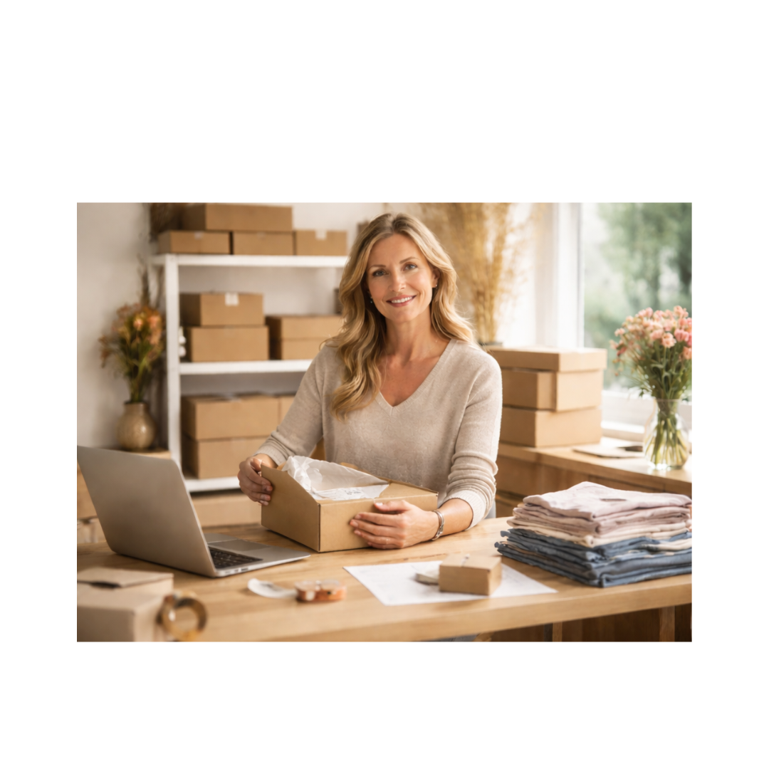 Vrouw pakt bestellingen in aan een bureau met laptop en dozen in haar kantoor aan huis.